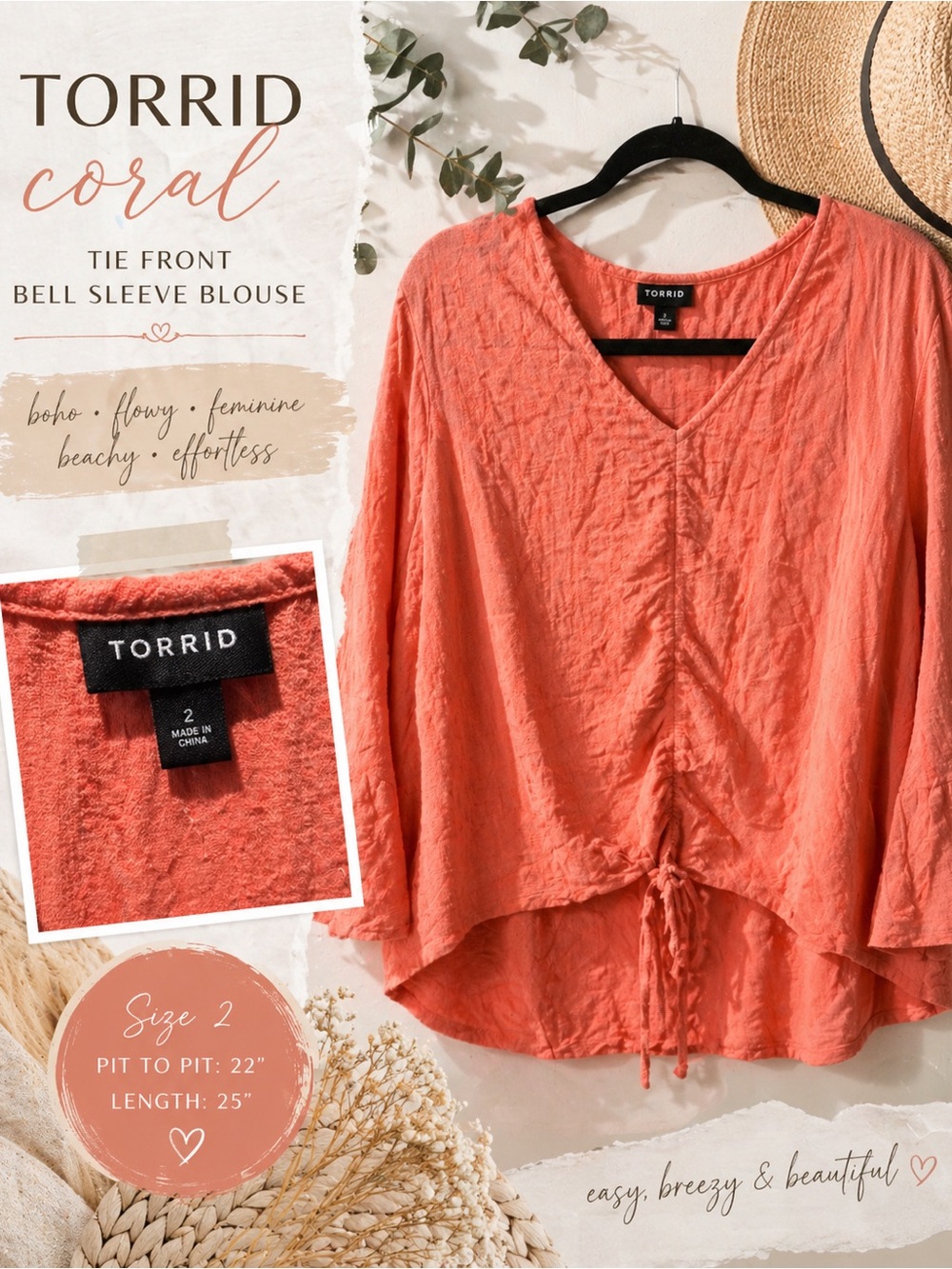 torrid coral drawstring V-neck bell sleeve blouse size 2
